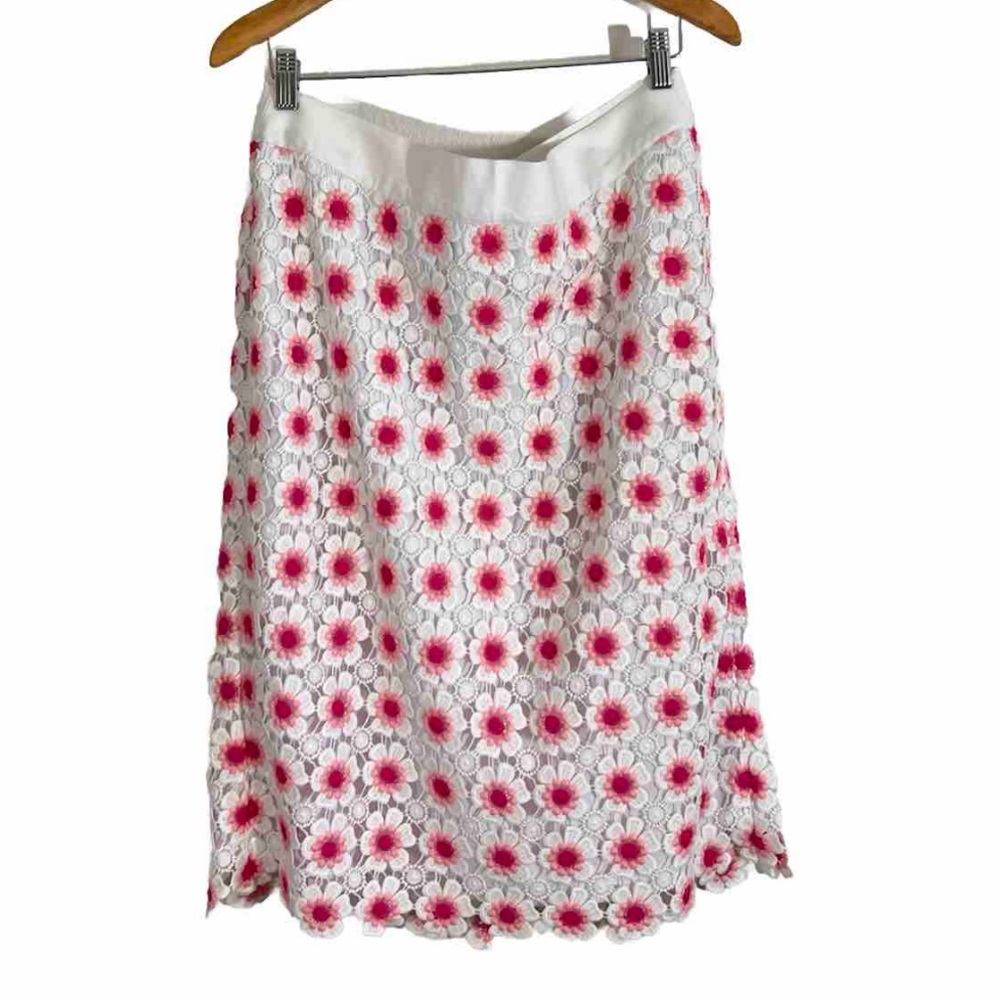 J Crew Skirt Womens 16 White Pink Floral Crochet Pencil Cottagecore Feminine